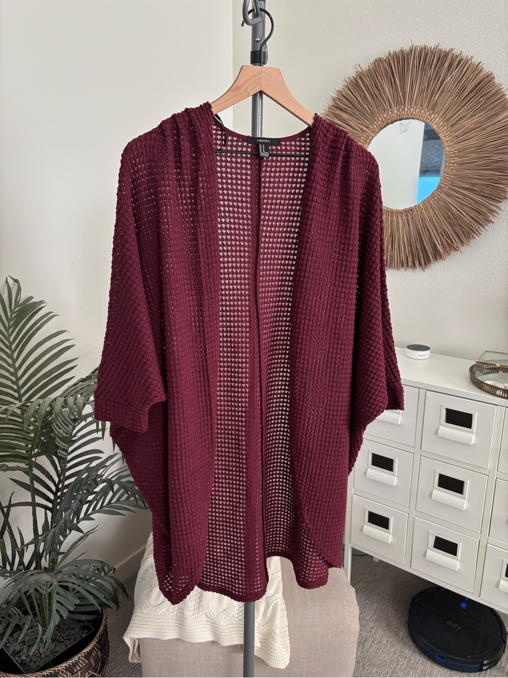 F21 Burgundy Waffle Knit Open Weave Kimono Cardigan Sweater Medium